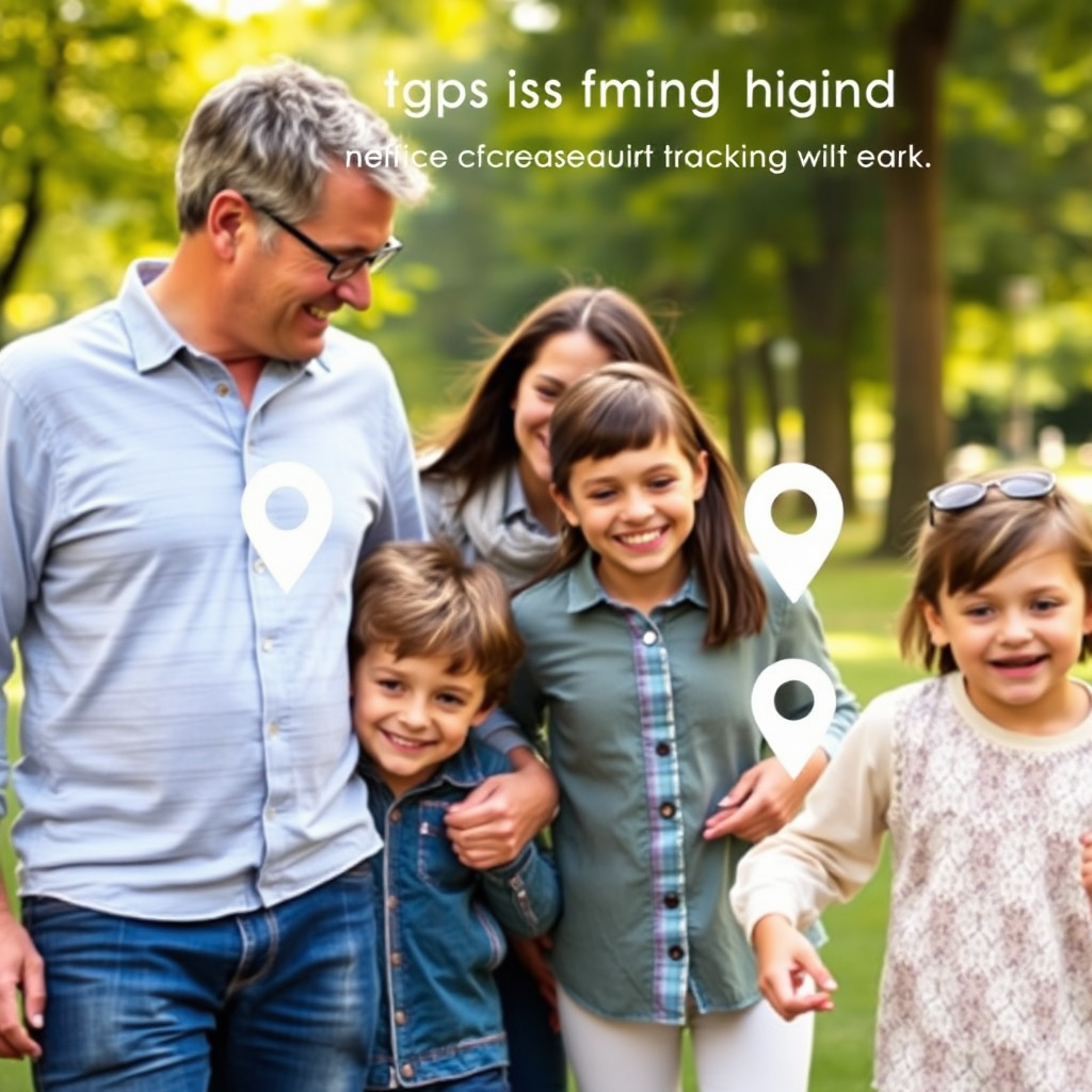 Depict a family (parents and children) in a park, with subtle GPS tracking symbols indicating their locations. The image should convey peace of mind and security, with a warm and inviting color palette. The camera angle should be a medium shot, focusing on the family's interactions.